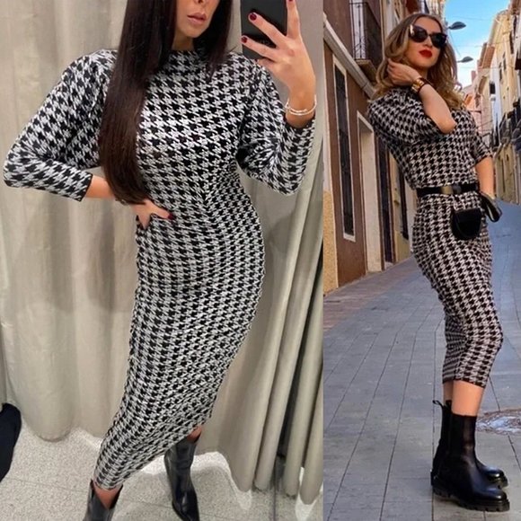 ZARA Black & White Houndstooth Jacquard Draped Wiggle Knit Midi Dress NWT Size S - Picture 9 of 12